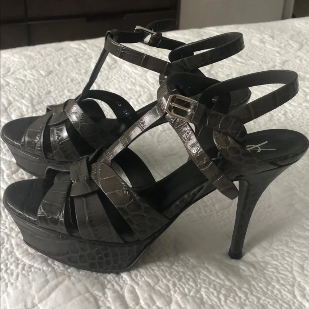 Yves Saint Laurent Brown Croc-Embossed Leather Platform Sandals
